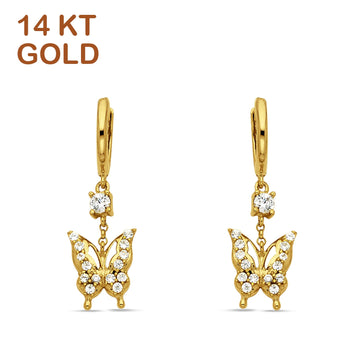 14K Yellow Gold 35mm Butterfly Cubic Zirconia Huggie Hoop Earring Wholesale